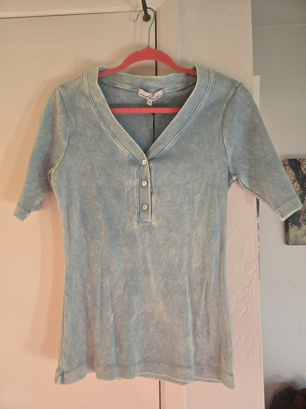 Red Haute Light Blue Ribbed Henley Tee